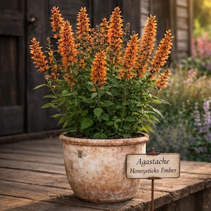 May include: A potted Agastache Honeysticks Ember plant with vibrant orange flower spikes and green foliage. The plant is in a weathered, beige ceramic pot with a bee design. A small sign identifies the plant's name.