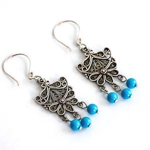 Sterling Silver Filigree Dangle Earrings, Turquoise Swarovski Crystal Pearls Earrings, Modern Turquoise Jewelry, Sterling Filigree Earrings