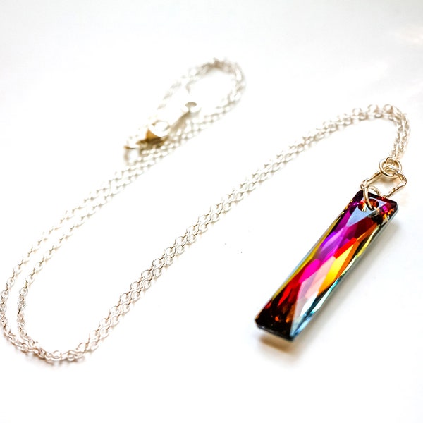 Red/Purple Volcano Swarovski Crystal Necklace-Volcano Queen Baguette Pendant-Sterling Silver Chain Necklace-Red and Purple Swarovski Pendant