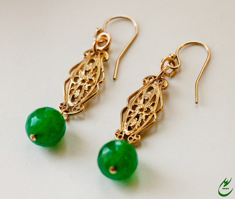Green Gemstones Earrings Gold Earrings Gold Ornate Filigree Statement Earrings Green Faceted Agate Earrings with Gold Victorian Filigree