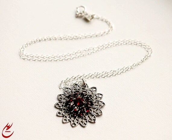 Red Siam Swarovski Crystal Filigree Pendant Sterling Silver - Swarovski Crystal Flower Pendant Necklace Red Siam Swarovski Crystal Filigree Pendant Sterling Silver - Swarovski Crystal Flower Pendant Necklace