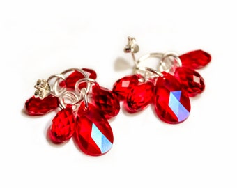 Scarlet Red Swarovski Crystal Cluster Earrings-Sterling Silver Post Earring-Teardrop Red Shimmer Earring-Red Siam Swarovski Crystals Earring