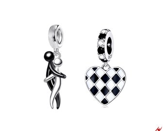 Black and White Charms- Black & White Charms for Bracelet-Valentine's Charms-Embraced Couple Charm-Checkered Heart Charm-Black and White <3