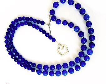 Royal Blue Onyx Gemstone Necklace, Sterling Silver Necklace, Long Statement Necklace, Gemstone Necklace, Beaded Necklace, Blue Onyx Necklace