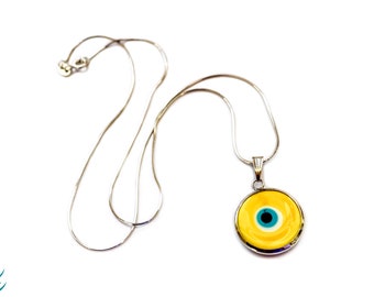 Evil Eye Charm-Yellow Evil Eye Bead Pendant-Sterling Silver Evil Eye Necklace-Turkish Opaque Glass Pendant-Yellow Evil Eye Circle Pendant