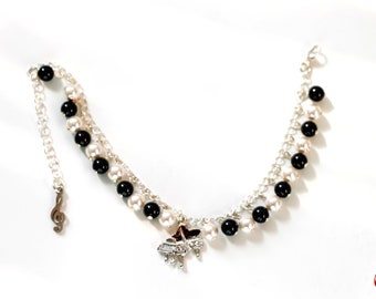 Piano Charm Pearls Bracelet-Black and White Swarovski Crystal Pearls Bracelet-Sterling Silver Chain Bracelet-Black and White Pearls Bracelet