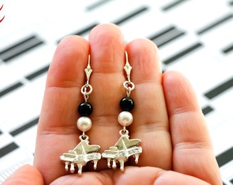 Piano Charm Earrings-Black and White Swarovski Crystal Pearls Earring-Sterling Lever Back Earring-Black and White Pearls Piano Charm Earring