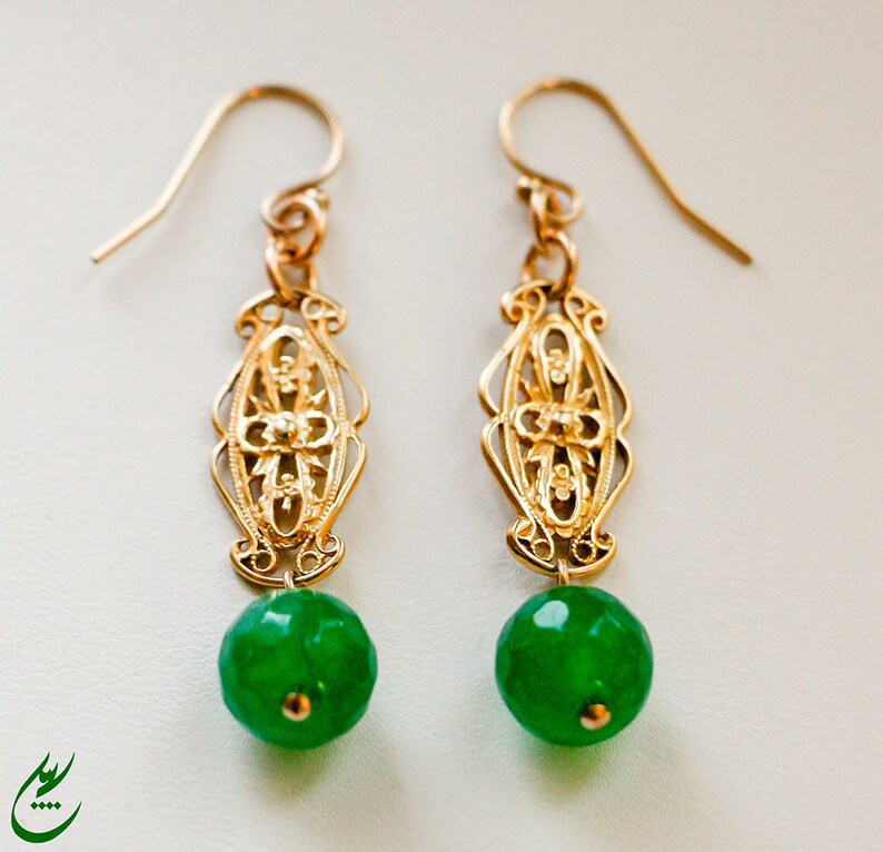 Green Gemstones Earrings Gold Earrings Gold Ornate Filigree Statement Earrings Green Faceted Agate Earrings with Gold Victorian Filigree