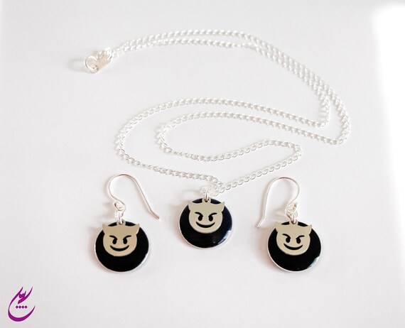 Devil Emoji Pendant black Devil Emoji Necklace sterling Silver