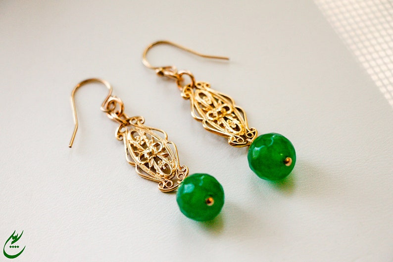 Green Gemstones Earrings Gold Earrings Gold Ornate Filigree Statement Earrings Green Faceted Agate Earrings with Gold Victorian Filigree