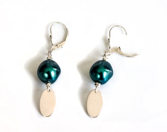 Tahitian Pearls Earrings-Iridescent Tahitian Swarovski Crystal Pearls Earrings-Baroque Tahitian Pearl Earrings-Oval Sterling Silver Earrings