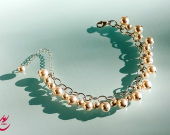 White Pearls Bracelet-White Swarovski Crystal Pearls Bracelet-Sterling Silver Chain Bracelet-Beaded White Pearls Bracelet-Wedding Jewelry