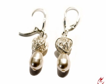 White Pearls Teardrop Earrings-Karen Hilltribe Silver Wire Ball Earrings-White Swarovski Pearls Teardrop Earring-White Pearls Bridal Jewelry