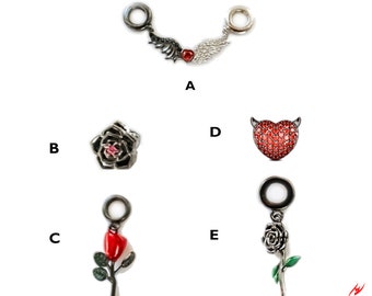 Angel Devil Wings Charm-Black Sterling Silver Charms-Red Rose Charm-Black/Red Devil Heart Pave Charm-Black/Green Rose Sterling Silver Charm