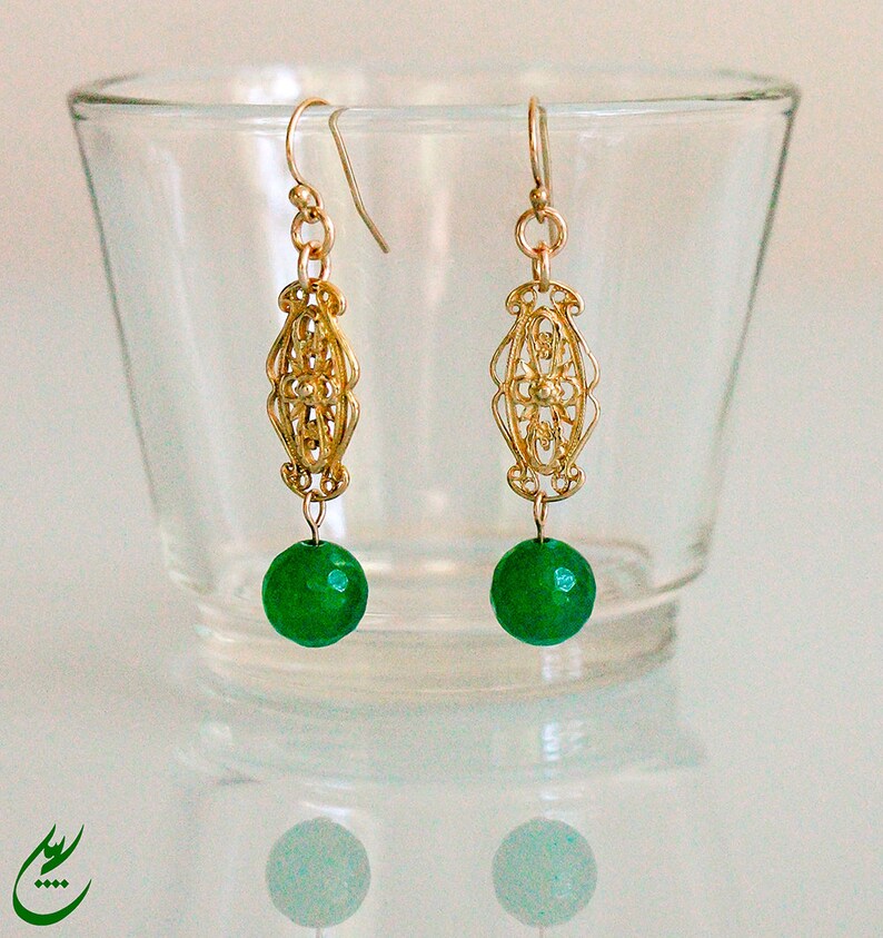 Green Gemstones Earrings Gold Earrings Gold Ornate Filigree Statement Earrings Green Faceted Agate Earrings with Gold Victorian Filigree