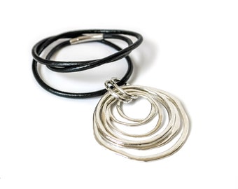 Large Boho Circles Pendant-Black Leather Necklace-Silver Open Circles Pendant-Long Boho Leather Cord Necklace-Large Silver Circles Necklace