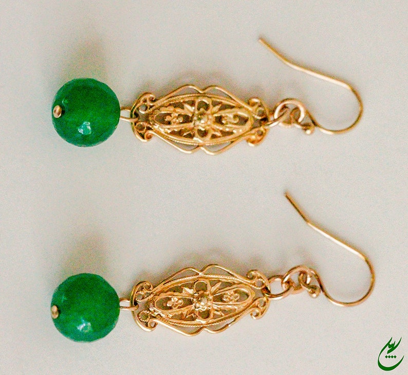 Green Gemstones Earrings Gold Earrings Gold Ornate Filigree Statement Earrings Green Faceted Agate Earrings with Gold Victorian Filigree