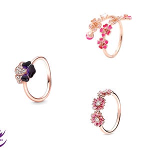 Rose Gold Rings-Purple Pansy Flower Ring-Hot Pink Blossom Flower Ring-Pink Daisy Flower Trio Rose Gold Ring-Rose Gold Flowers Rings