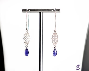 Tanzanite Swarovski Crystal Earrings-Sterling Silver Ornate Filigree Earrings-Statement Earrings-Long Purple Earrings-Statement Earrings