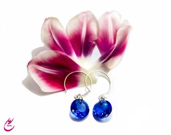 Sapphire Swarovski Crystal Earrings-Sterling Silver Earrings-Circle Sapphire Blue Swarovski Crystal Earrings-Sapphire Earrings-Blue Earrings