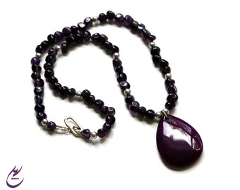 Amethyst Gemstone Necklace, Purple Jade Teardrop Pendant, Silver Pearls Necklace, Custom Design Fashion Necklace, Purple Necklace