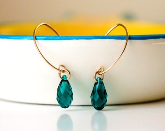 Emerald Earrings-Teardrop Emerald Green Swarovski Crystal Earrings-14K Gold Earrings-Emerald Swarovski Earring-Modern Green and Gold Earring