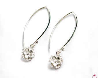 Matte Sterling Silver Flower Earrings- Handmade Karen Hill Tribe Silver- Jewelry Gift for Her
