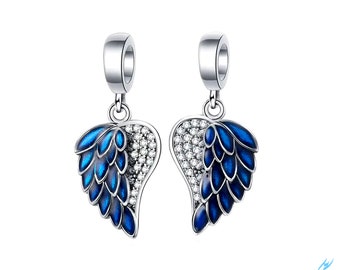 Double Angel Wings for Bracelets-Sterling Silver Charms-Silver and Blue Double Charms-Double Angel Wings for Pandora Bracelets-Wings Charms