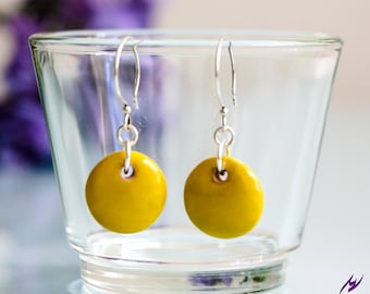 Lemon Yellow Earrings, Wearable Art Ceramic Earrings, Sterling Silver Earrings, Canary Yellow Circle Bulgarian Earrings, Fashion JewelryGift