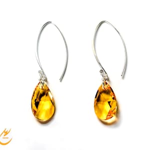 Yellow Teardrop Swarovski Crystal Earrings-Light Topaz Earrings-Long Sterling Silver Earrings-Teardrop Topaz Earring-Modern Wedding Jewelry