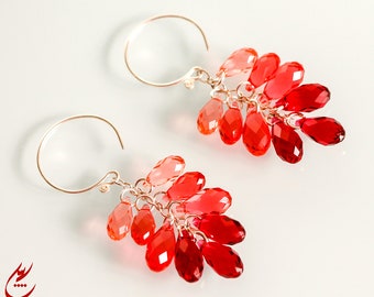 Red Ombre Cluster Earrings, Teardrop Red Swarovski Crystals Cascade Earrings, Red Statement Earrings, Sterling Chain Earrings, Red Earrings
