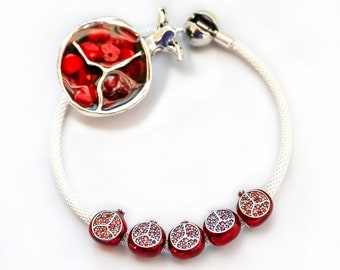 Pomegranate Charm Bracelet-Sterling Silver Charm Bracelet-Pomegranate Charms for Bracelets-Charms Bracelets-Sterling Snake Chain Bracelet