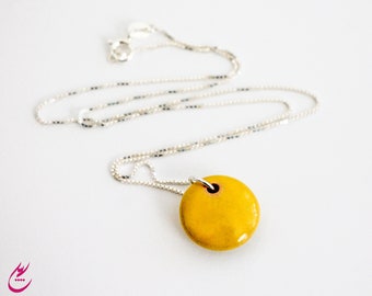 Canary Yellow Circle Ceramic Pendant, Wearable Art Ceramic Necklace, Sterling Silver Chain Necklace, Yellow Bulgarian Minimalist Necklace