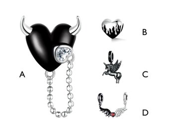 Black Devil Heart Necklace-Devil Heart Silver Charm-Black Sterling Silver Charms-Black Unicorn Charm-Double Wing/Black Heart Sterling Charms