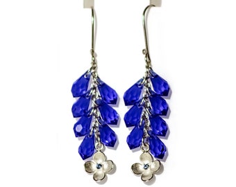 Majestic Blue Earrings-Blue Cascade Long Earrings-Sterling Flower Earrings With Sapphire-Cobalt Swarovski Crystal Cluster Statement Earrings
