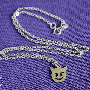 Devil Emoji Charm Pendant, Devil Emoji Necklace, Dainty Charm Necklace, Sterling Silver Chain Necklace, Lucifer TV Series Inspired Jewelry