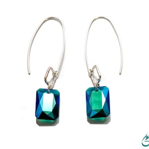 Brincos grandes retangulares com cristais Swarovski verde-esmeralda brilhantes e azul - Joias em prata de lei com diamantes