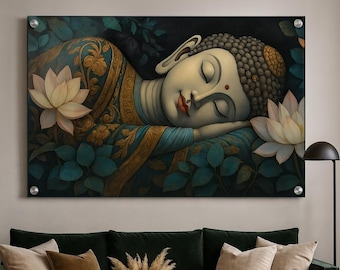 Reclining Buddha Acrylic Print: Golden Lotus Blossom Zen Wall Decor