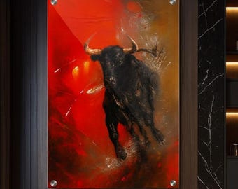 Abstrakter Stier: Moderne rot-schwarze Tier-Wandkunst