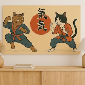 Meowtal Kombat: vintage kungfu-kat canvas muurkunst print | Perfect voor kattenliefhebbers en liefhebbers van vechtsporten