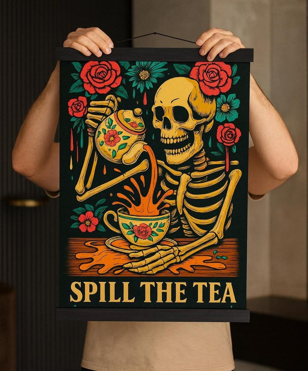 Skeleton Hand Tea Spill the Tea Skeleton Poster | Gothic Floral Tattoo Art - Etsy