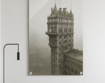 Noir Cityscape Acrylic Print: Vintage Skyscraper Photography