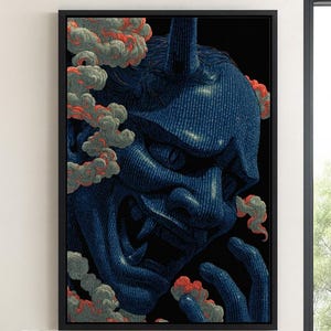 May include: A framed artwork featuring a blue Oni mask with a textured surface, surrounded by stylized gray and red clouds. The artwork has a dark background and is displayed in a black frame, suitable for wall decor.