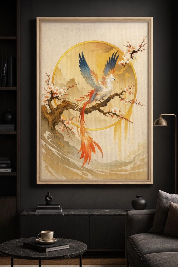 Japanese Phoenix Canvas Art: Celestial Bird & Cherry Blossom Tree