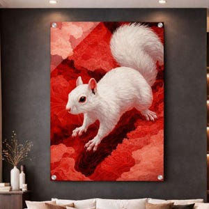 Könnte beinhalten: Ein weißes Eichhörnchen mit buschigem Schwanz vor einem leuchtend roten Hintergrund. Das Kunstwerk ist auf einer transparenten Platte montiert und bietet eine moderne Ästhetik. Das Eichhörnchen, mit seinem detaillierten Fell und seiner dynamischen Pose, ist der Mittelpunkt.
