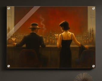 Puede incluir: Impresión enmarcada de una escena de bar vintage. Un hombre con traje y sombrero está sentado en la barra, sosteniendo un cóctel. Una mujer con un vestido negro está cerca, también con un cóctel. El fondo presenta una pared roja y botellas.