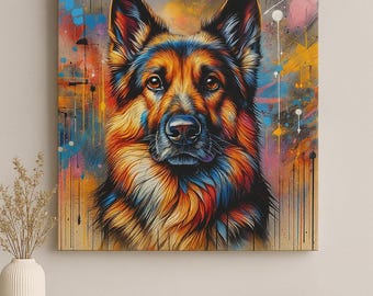 Vibrant German Shepherd Graffiti Portrait: Colorful Dog Canvas Art