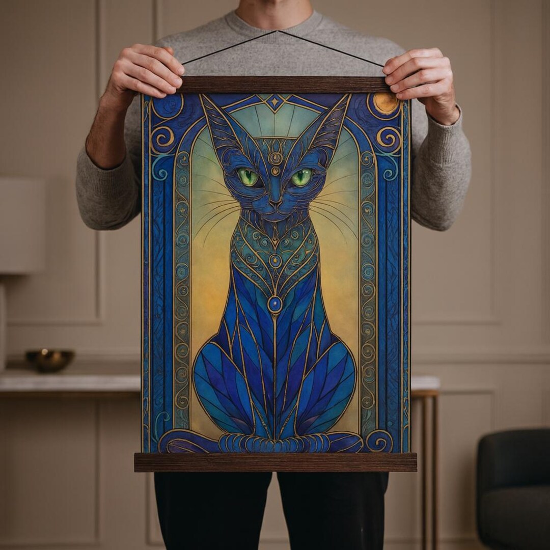 Stained Glass Cat Poster | Art Nouveau Sapphire Feline - Etsy