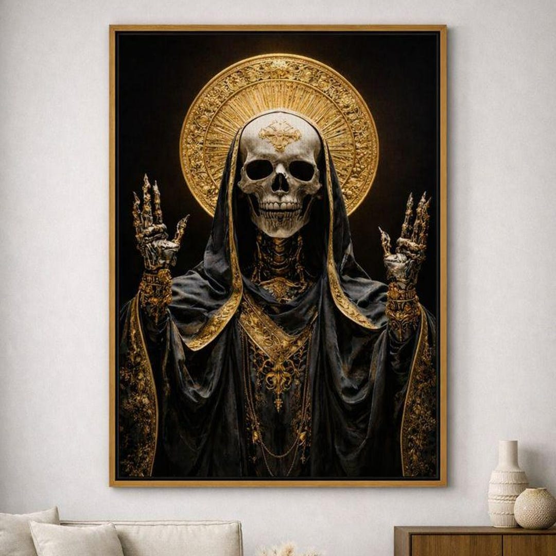 Golden Death Saint Framed Canvas | Gothic Skull Deity Wall Art