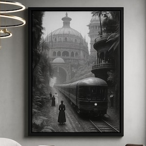 May include: Black and white framed print of a vintage train traveling through a lush, tropical landscape. The artwork features a domed building and figures walking along the path. The image is a monochromatic, artistic rendering.